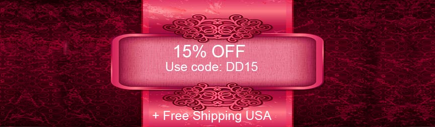 Banner with 15% OFF Use code:DD15 on pink ribbon