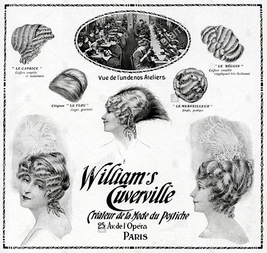 Illustration of 2oth century postiches, pre-made small wiglets, curls, false buns from William Cuverville salon in Paris