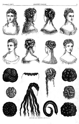 Illustration showing examples of 20th century postiches, pre-made small wiglets, curls, false buns
